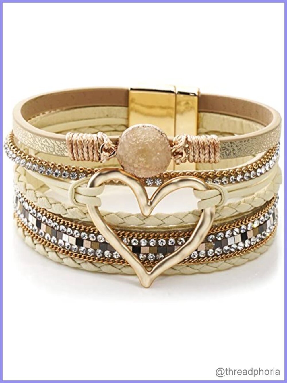 Multilayer Leather Wrap Bracelet Hollow Heart Design Boho Wide Cuff Women